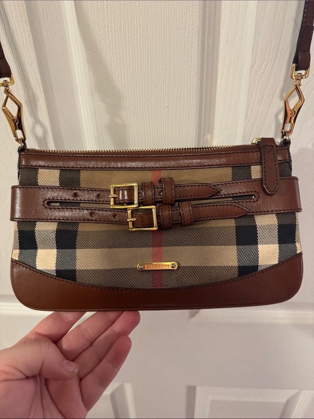 Burberry Tan and Brown Check Crossbody with Leather Trim - Picture 2 of 5